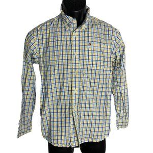 Tommy Hilfiger Boys Button Down Shirt L Yellow Blue Plaid Long Sleeves